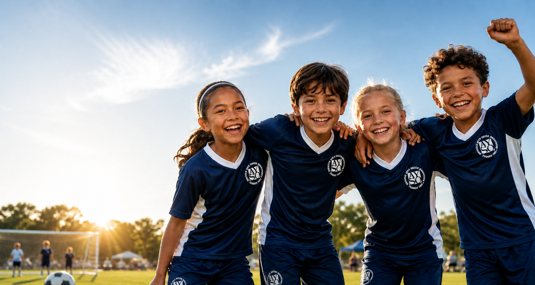 AYSO youth soccer players and coaches gathered on the field during tryout day